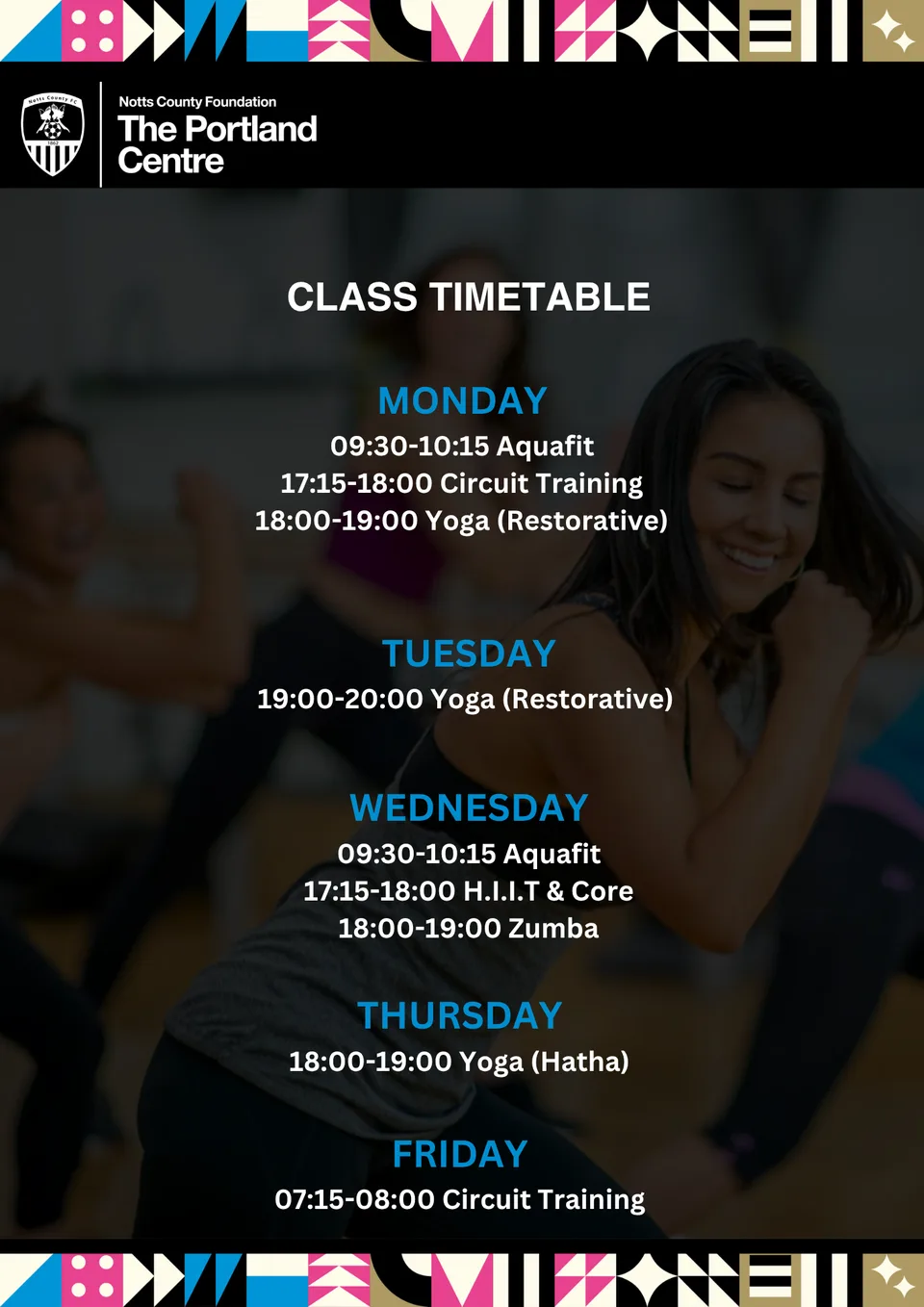 Class timetable poster for The Portland Centre. The same class times are listed in the table above.