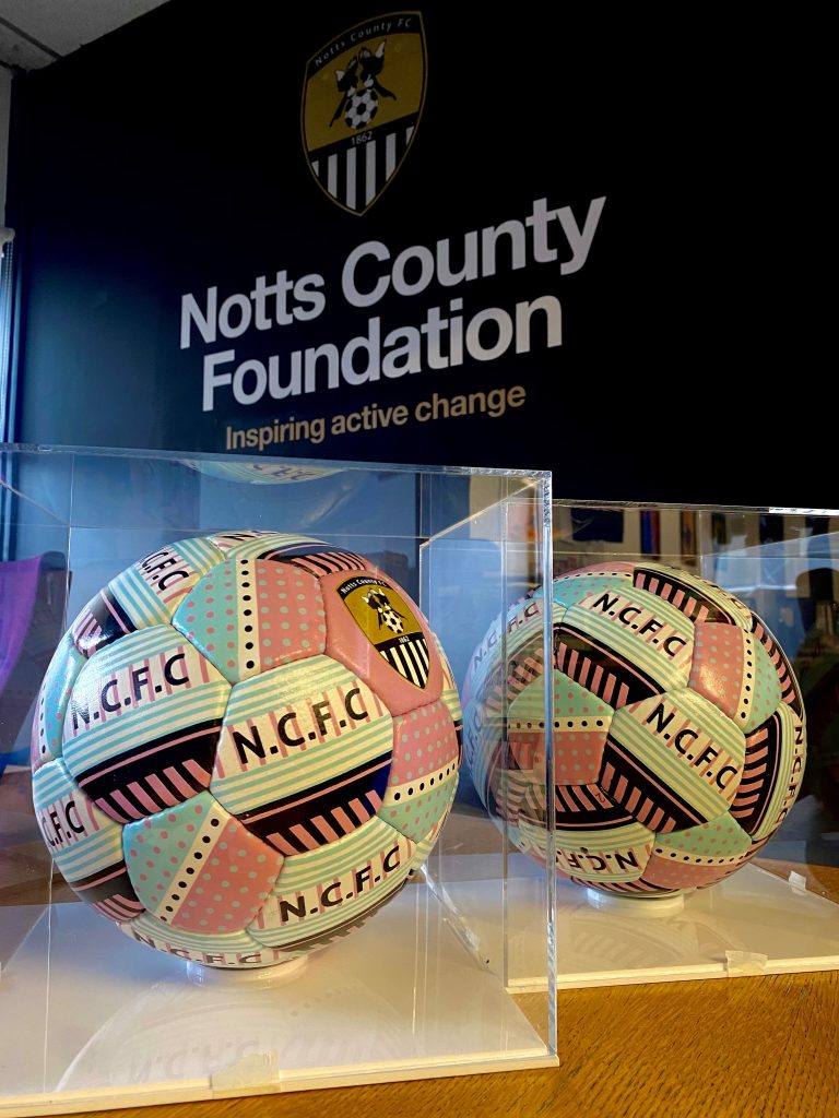 An image of the custom Alive and Kicking and Notts County Foundation football.